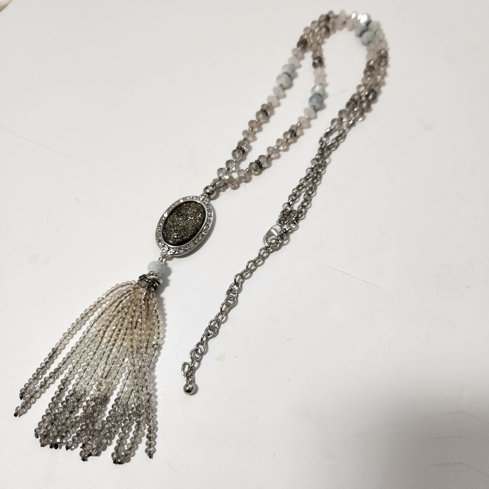 chicos silver grey druzy faceted long beaded necklace tassel silvertone costume